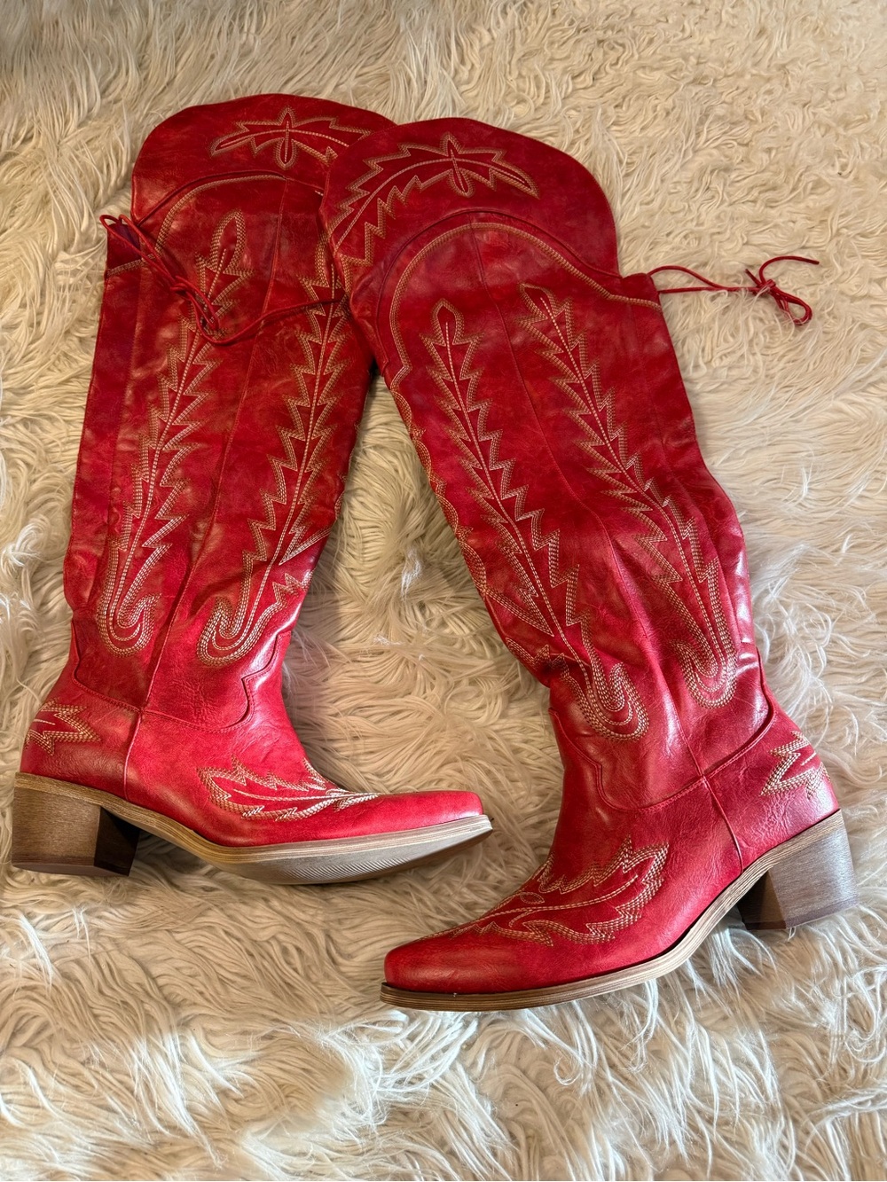 Women's Red Embroidered Western Knee-High Boots